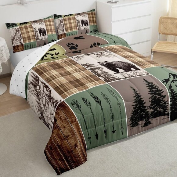 New 3 PC Rustic Black Bear Lodge Patchwork Comforter Set • KING Size - Picture 2 of 5